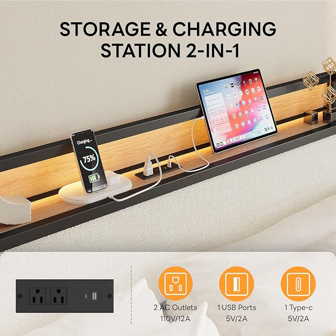 LIKIMIO King Size Bed Frame, Storage Headboard with LED Lights and Charging Station, Metal Platform Bed No Box Spring Needed, Noise Free, Under Bed Storage, Natural and Cream
