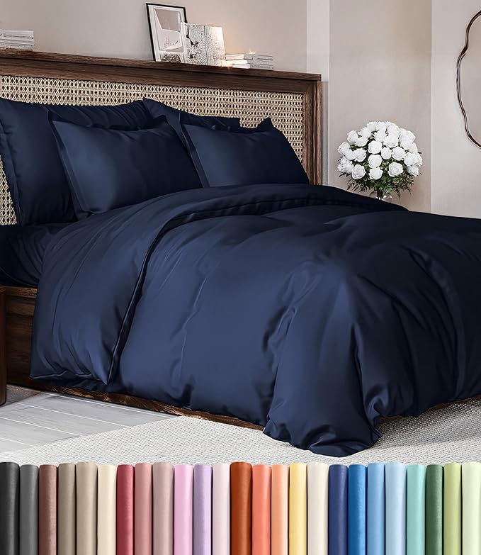 Duvet Cover Super King Size Set - Extra Soft Super King Duvet Cover with 2 Pillow Shams - Hotel Luxury, Easy Care & Fade Free w/ Zipper Closures & Ties - All Season, Comfy & Breathable (Navy Blue)