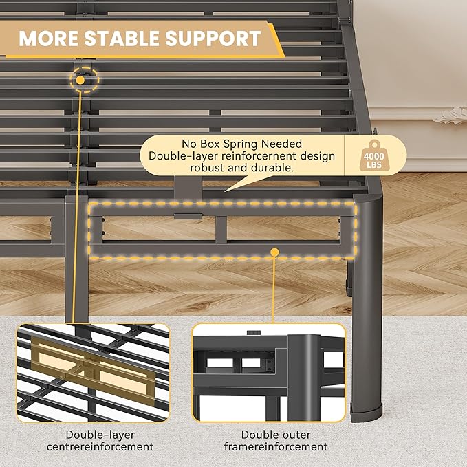 18 Inch King Size Bed Frame Heavy Duty, Metal Double Layer Steel 4000 lbs Capacity, Platform with Large Under Bed Storage Space, No Box Spring Needed, Noise-Free, Easy Assembly