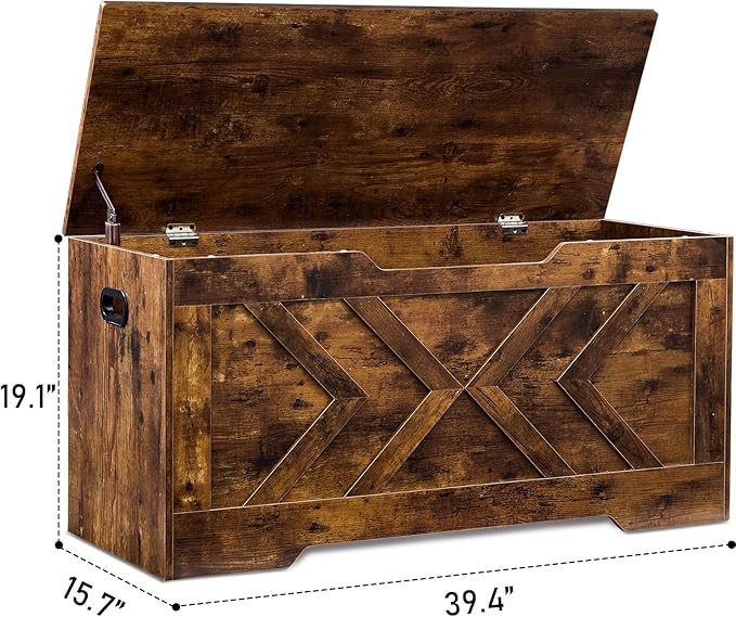 39.4” Storage Bench, Extra Large Entryway Bench with Storage,Storage Chest with 2 Safety Hinges,Blanket Storage,Shoe Storage Chest for Bedroom,Living Room,Easy Assembly. (Rustic Brown)