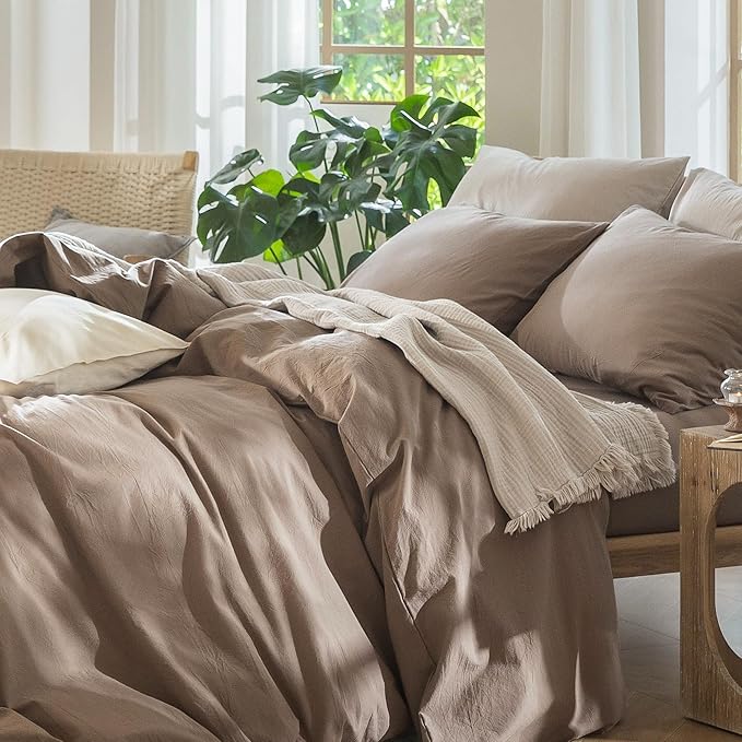 MooMee Bedding Duvet Cover Set 100% Washed Cotton Linen Like Textured Breathable Durable Soft Comfy (Solid Brown, Twin 68"x90")