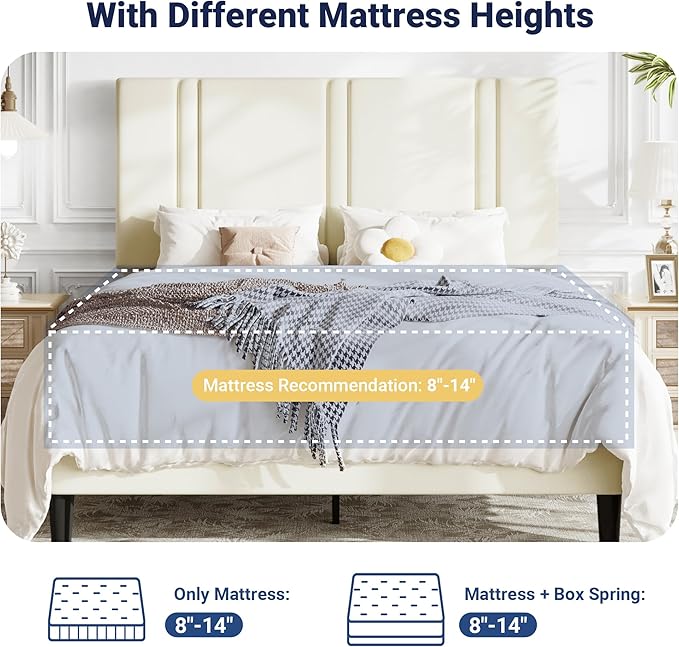 Allewie Queen Platform Bed Frame with Adjustable Headboard, Plush Velvet Upholstered, Vertical Channel Tufted, Sturdy Wooden Slats, No Box Spring Needed, Easy Assembly, Cream