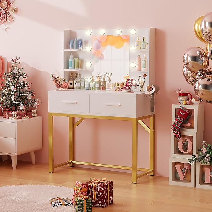 Furmax Vanity Desk with Mirror and LED Light Bulb, Small Makeup Vanity Table with Drawers, Dressing Table with Power Outlet and Hair Drayer Holder for Bedroom (White & Gold)