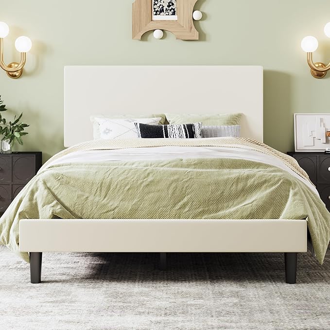 SHA CERLIN Full Size Platform Bed Frame with Adjustable Headboard and Wooden Slats Support, Velvet Upholstered Mattress Foundation, No Box Spring Needed, Easy Assembly, Soft Cream