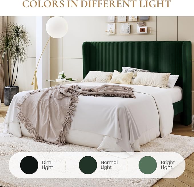 SHA CERLIN King Size Corduroy Upholstered Platform Bed Frame with Vertical Channel Tufted Wingback Headboard, 8" Under Bed Storage, Wooden Slats & Metal Frame Support, Easy Assembly, Dark Green