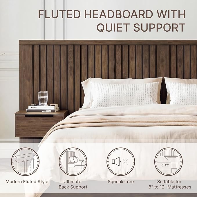 KISLOT Queen Size Wood Bed Frame with Built-in Nightstands, Modern Fluted Headboard & Storage Drawers, Solid Wood Slat Support, No Box Spring Needed, Noise-Free, Easy Assembly
