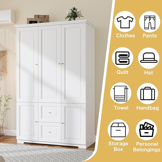 White Wardrobe with 2 Drawers: 74" Large Wardrobe Closet for Hanging Clothes, Tall Armoire Closet with 3 Doors, Bedroom Armoires with Hanging Rod (47")