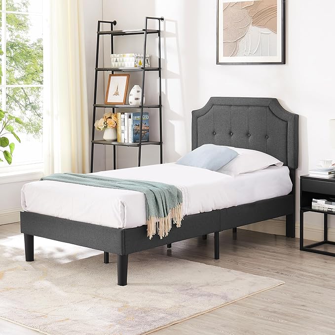 VECELO Twin Upholstered Platform Bed Frame with Adjustable Button Stitched Panel Headboard,Strong Wood Slat Support,Velcro Design,Mattress Foundation/Easy Assembly,Grey