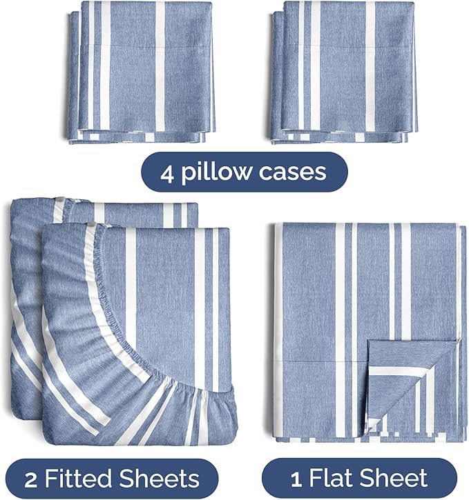 Split King 7 Piece Sheet Set - Comfy, Breathable & Cooling - Hotel Luxury Bedding for Women, Men, Kids, Teens and Children - 1 Flat & 2 Fitted Sheets & 4 Pillowcases w/ Deep Pockets - Blue Stripes 3