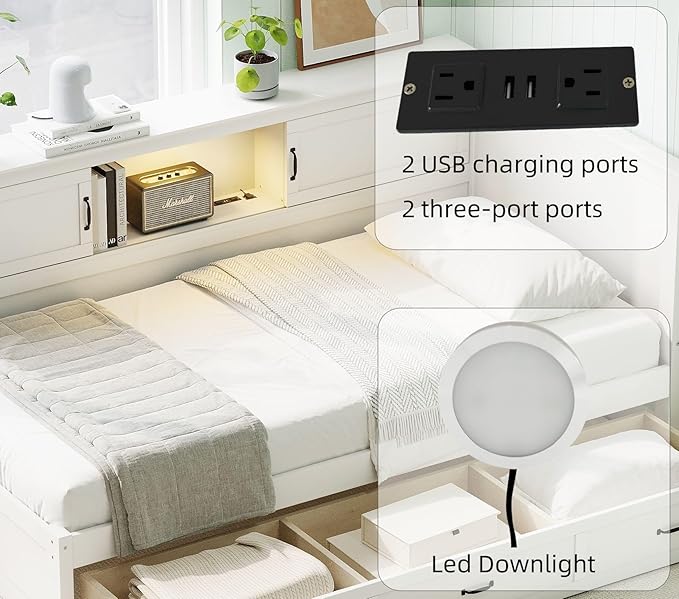 Merax Twin Size Corner Bed Frames with Storage Drawers, USB Port, Led Downlight Headboard & Bookcase, Wooden L-Shaped Captain Daybed for Small Room, Bedroom, Guest Room, kids'Room, White