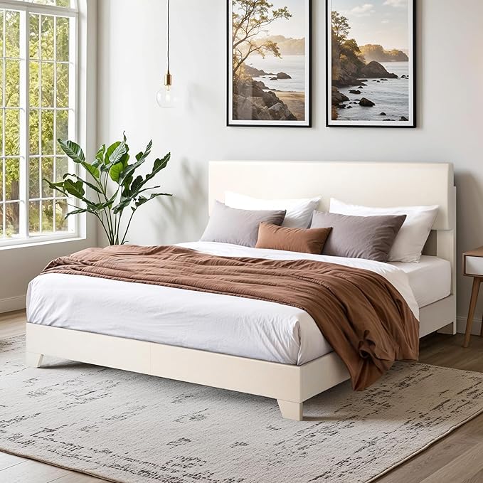 SHA CERLIN Queen Size Bed Frame with Adjustable Headboard, Faux Leather Upholstered Platform Bed with Wood Slats, Stable Mattress Foundation,No Box Spring Needed, Off-White