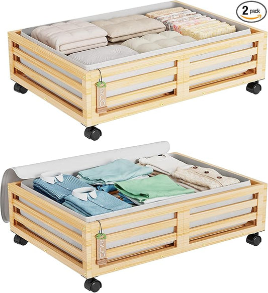 Wisuce Bamboo Under Bed Storage Containers- Underbed Organizer with Wheels with Dust Bag,Sturdy Wood Rolling Under the Bed Shoe Storage Organizer Drawers (Nature, 2 Pack (23.62"×16.54"))