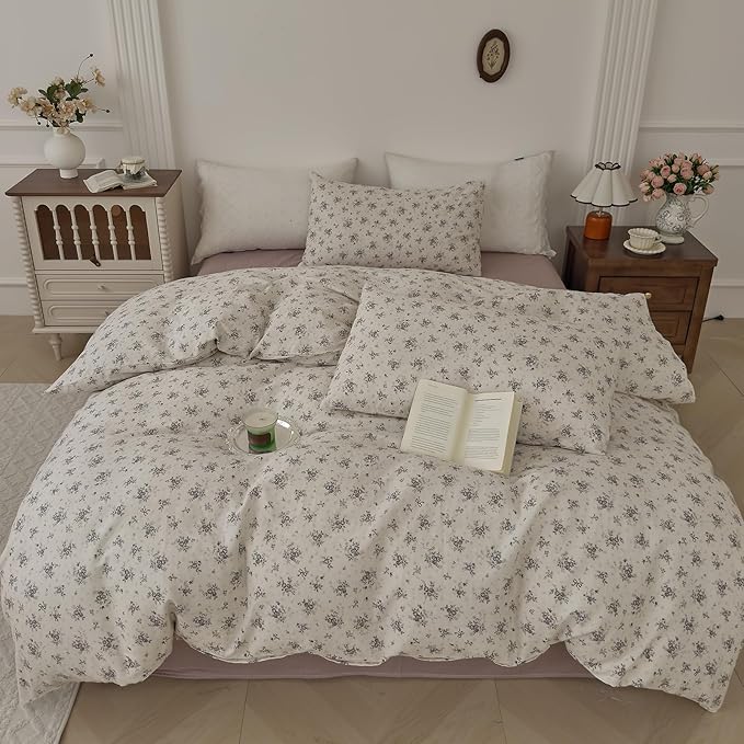 Vintage Gray Ditsy Floral Duvet Cover Set, Cream Off-White Double Layer Gauze Cotton Bedding Set, Soft Breathable Floral Bed Cover for Cottagecore French Country Bedroom Decor, Queen Size