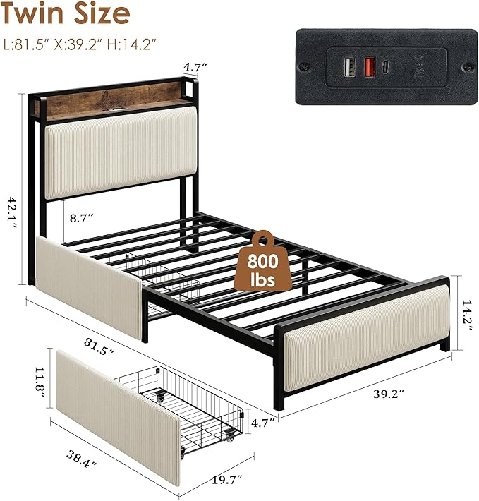 GAOMON Twin Size Bed Frame with 2 Storage Drawers and Charging Station, Rustic Velvet Upholstered Platform Bedframe with Storage Headboard, No Box Spring Needed, Easy Assembly, Noise Free, Beige