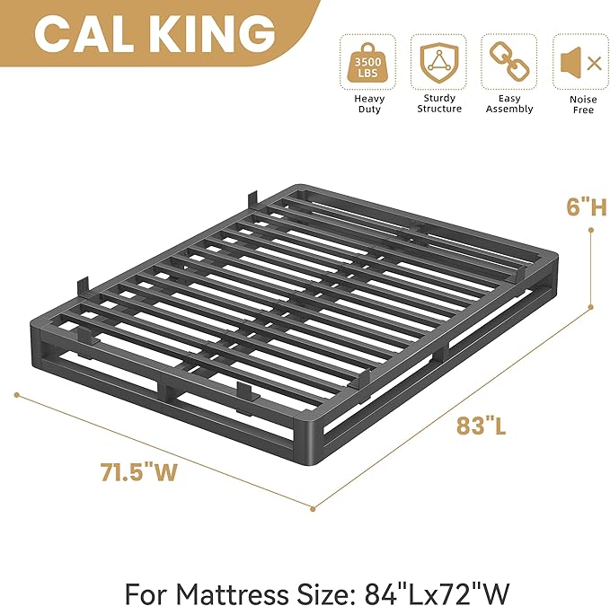 6 Inch California King Bed Frames with Rounded Corner and Squeak Free U-Slot Design, Metal Platform Bed Frames 6 Non-Slip Guards, 3500lbs Heavy Duty Steel Slat Support, No Box Spring Needed