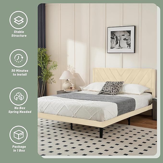 Full Bed Frame with Headboard, Bed Frame Full Size with Sturdy Wooden Slats Support, Platform Bed Frame with Velvet Upholstered Headboard, Mattress Foundation, Easy Assembly, No Box Spring Needed