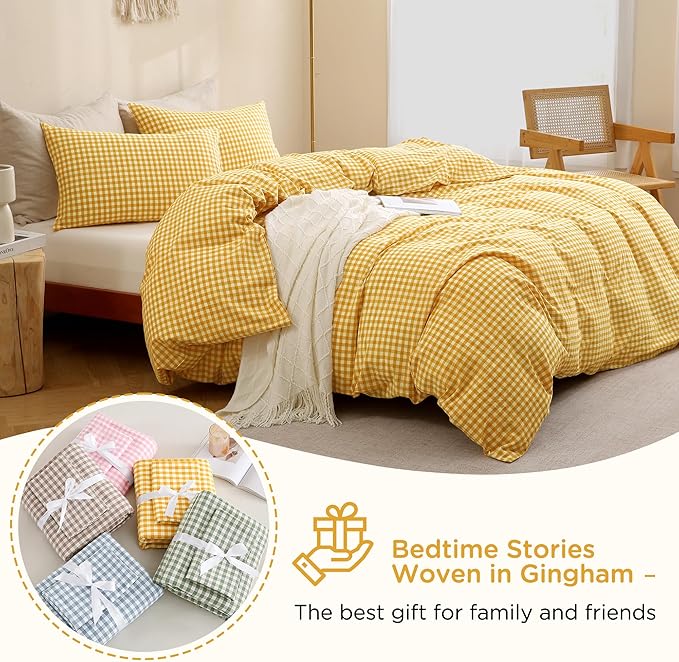 TOCOMOA Yellow Gingham Duvet Cover Bedding Set 100% Washed Cotton Like Linen Feel Super Soft Comfortable 3 Piece Vintage Plaid Checkered Comforter Cover Set (Queen 90"x90", Comforter Not Included)