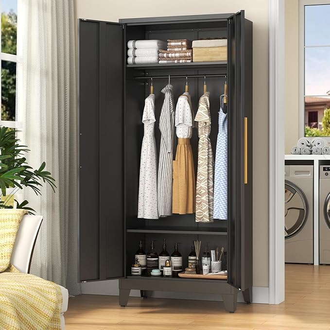72" Tall Metal Armoire Wardrobe Closet - Large Clothing Storage Cabinet with Mirror Doors, 2 Hanging Rod & Adjustable Shelve - Closet Organizer for Bedroom, Office, Laundry Room, Garage - Green