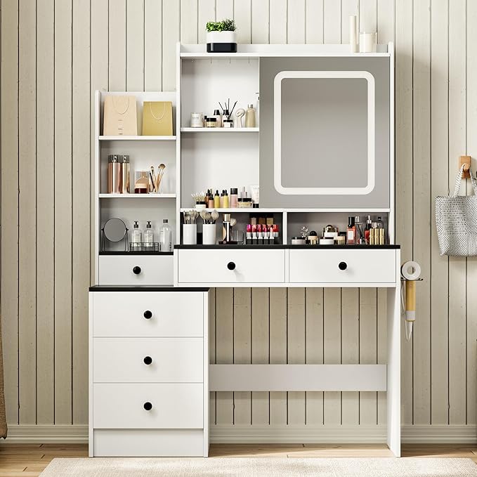 KAMABOKO Vanity Desk with Lighted and Mirror, White Makeup Table with Drawers and Charging Station, 3 Model Adjustable for Bedroom & Dressing Room (042 Black)