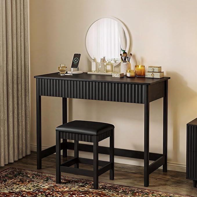 ChooChoo 47.2 Inch Modern Desk with Drawers, Makeup Vanity Desk with Padded Stool, Writing Computer Desk for Home Office & Bedroom, Black