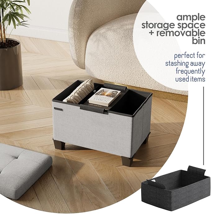 Storage Ottoman Cube with Small Bin, 16-in Square Ottoman with Storage for Living Room and Bedroom, Small Ottomans Foot Rest, Fabric Foot Stools Ottomans Max 330lbs, Light Grey