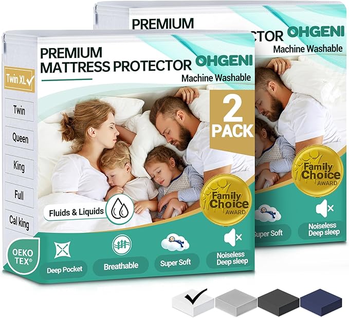 OhGeni 2 Pack Twin XL Size Mattress Protector, 100% Waterproof, Fitted Sheet with Deep Pockets, 6''-14'', Premium Noiseless Breathable Soft Material, Mattresses Cover for Bed
