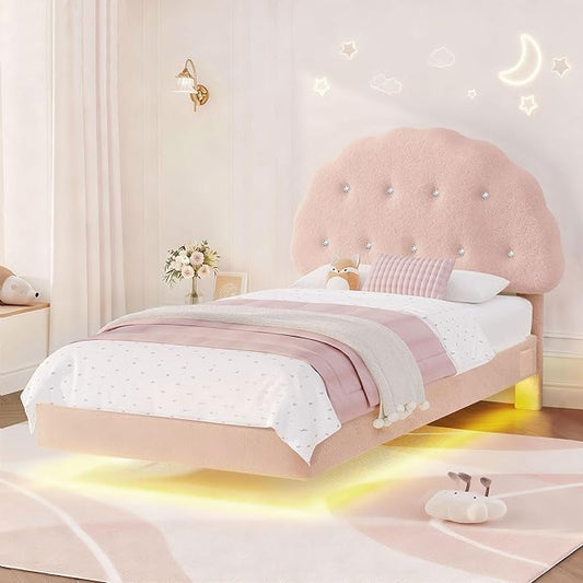 Cookie Twin Upholstered Bed Frame with LED Lights, Floating Bed Frames with Adjustable Headboard and Raised Footboard for Princess/Prince Bedroom, Teddy Velvet（Pink）
