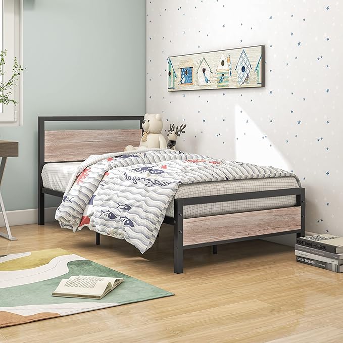 HOJINLINERO Twin Bed Frames with Wood Headboard,Metal Twin Platform Bed Frame No Box Spring Needed,Heavy Duty Steel Slats,No Noise,Black and Teak Oak