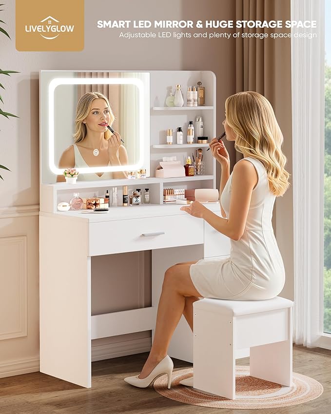 LIVELYGLOW Makeup Vanity Desk with Smart LED Mirror & Charging Station, 35.4" White Vanity Table Set with Cushioned Stool, 4 Drawers & Hairdryer Rack, Modern Bedroom Dressing Table-White