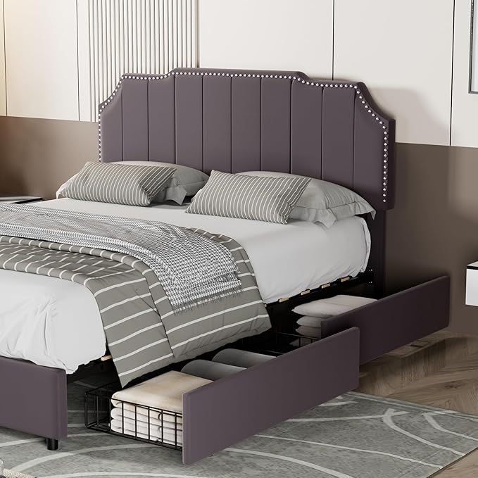 VECELO Full Upholstered Platform Bed Frame with 4 Storage Drawers,Velvet Vintage Full Bed with Nailhead Trim,Tufted Height Adjustable Headboard,Wooden Slats/No Box Spring Needed/Easy Assembly