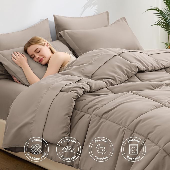 Love's cabin King Size Comforter Set Light Brown, 7 Pieces King Bed in a Bag, All Season Bedding Sets with 1 Comforter, 1 Flat Sheet, 1 Fitted Sheet, 2 Pillowcase and 2 Pillow Sham | Soft, Breathable, Lightweight, Comfortable