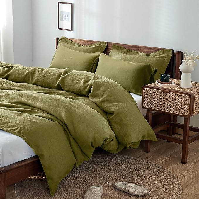 Simple&Opulence 100% Washed Linen Duvet Cover Set 5pcs(1 Duvet Cover& 2 Shams& 2 Pillowcases) Basic Style Natural French Flax Soft Breathable Farmhouse Bedding (King, Olive Green)
