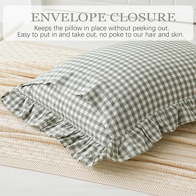 2 Pack Sage Green White Plaid Ruffle Pillow Shams Standard Size 20x26 inches, 100% Cotton Gingham Checkered Farmhouse Pillowcases for Bed/Sofa (20x26 inches, Sage Green/White Plaid)