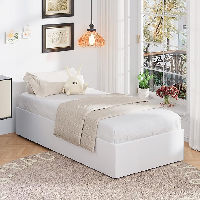 Upcanso 16 Inch Twin Bed Frames with White Skirt Cover, Metal Twin Size Bed Frame with Storage, Heavy Duty, No Box Spring Needed, Easy Assembly, Noise Free, Mattress Foundation
