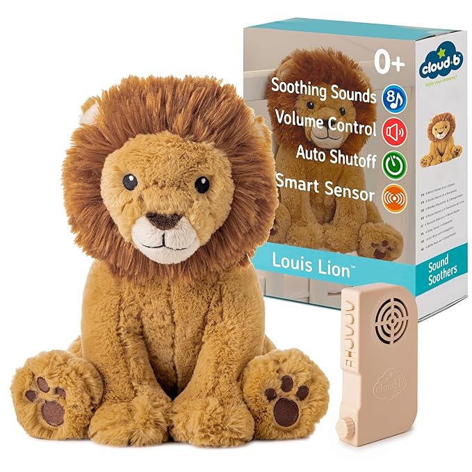 Cloud b Louis Lion Smart Sensor: Portable Baby Sound Machine & White Noise Soother. 8 Calming Lullabies & Nature Sounds. Travel-Ready Infant Sleep Aid & Nursery Registry Essential
