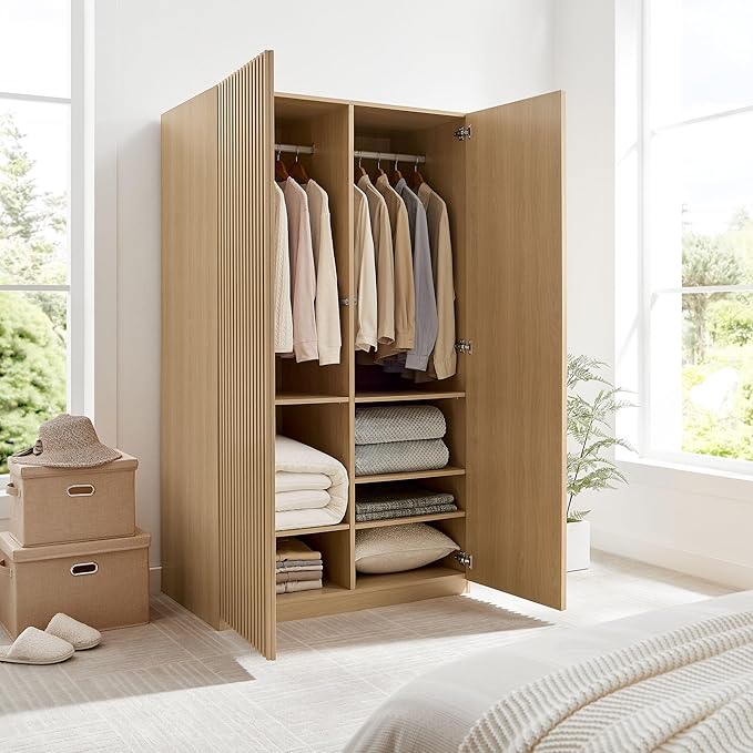 Modway Render Mid Century Modern Wardrobe Armoire Closet in Oak w/Vertical Slatted Doors - 71Inch Freestanding Closet w/Adjustable Shelves & Hanging Rods - Tall Bedroom Storage Cabinet