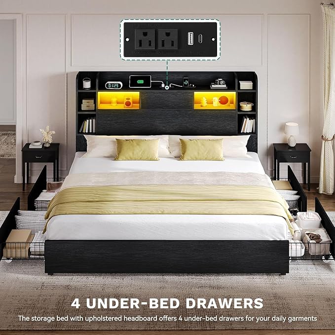 DWVO Queen Size Bed Frame with Bookcase Headboard and 4 Storage Drawers, RGB LED Bed Frame with Type-C & USB Charging Station Storage Headboard Bed, No Box Spring Needed, Noise Free, Black