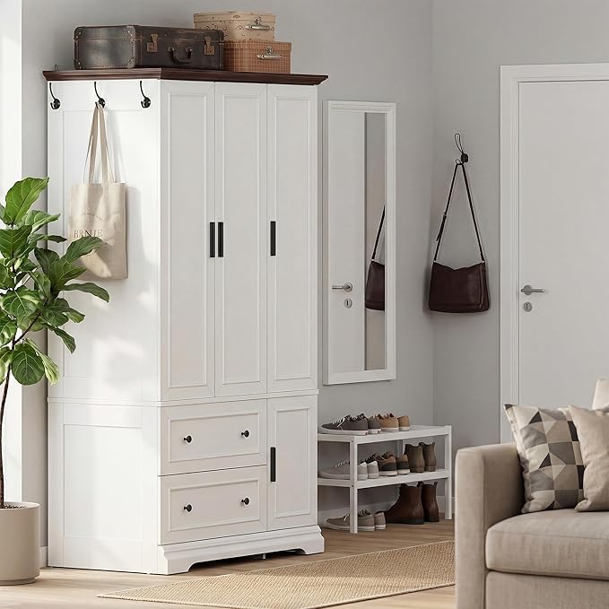 YESHOMY Armoire Wardrobe Closet with Drawers, 70.9" H x 21.1" D Wooden Closet with Hanging Rod, Fixed Shelves & Bottom Cabinet, Soft-Close Doors, Ball-Bearing Slides (White)
