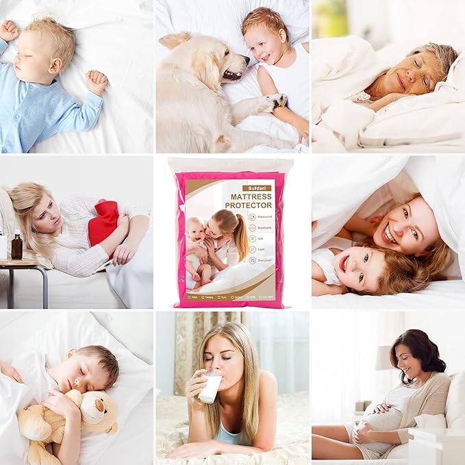 Sufdari Waterproof Mattress Protector, Mattress Cover Twin Size for Bed,18" Deep Pocket Fitted Sheet Style Mattress Protector with Elastic Rubber Band-Deep Pink,Twin
