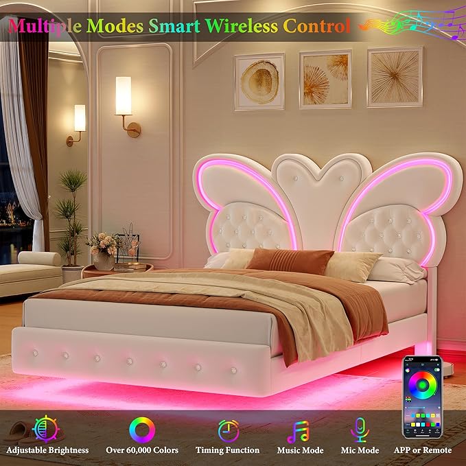 Keyluv Full Bed Frame Butterfly-Pattern Upholstered Headboard, Modern Floating Bed with LED Lights Button Tufted on Headboard and Footboard, Slats Support No Box Spring Needed, Noise-Free, Beige