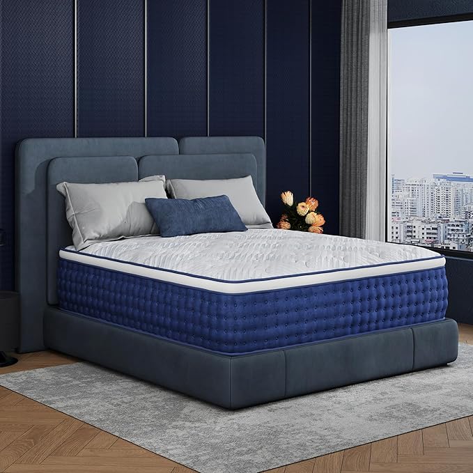 King Size Mattress, 12 Inch Hybrid Mattress King Size, Medium Feel Foam and Individual Pocket Springs, Extra Edge Support, Pressure Relief, CertiPUR-US, Blue