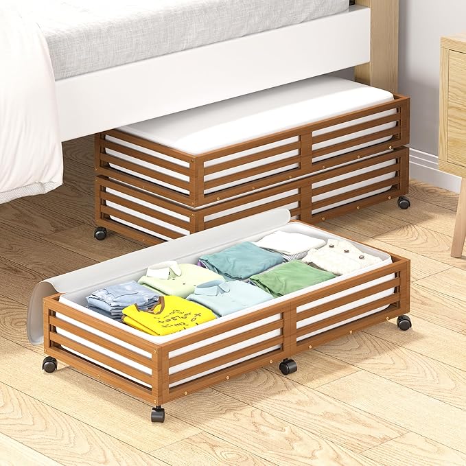 Wisuce Bamboo Under Bed Storage Containers- Underbed Organizer with Wheels with Dust Bag,Sturdy Wood Rolling Under the Bed Shoe Storage Organizer Drawers (Brwon, 2 Pack (33.07"×16.54"))