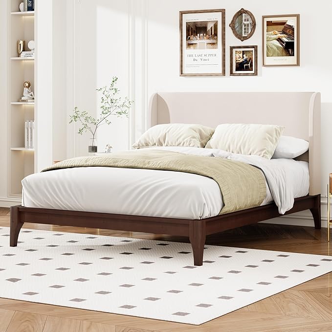 Merax Mid-Century Bamboo Platform Bed with 48" Upholstered High Headboard, King Size Bed Frame with Wood Slat Support, No Box Spring Needed, Easy Tool-Free Assembly, Beige+ Chocolate