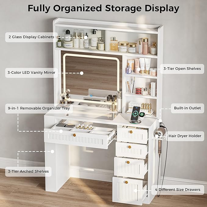 IRONCK Vanity Desk with LED Lighted Mirror, 3-Color Dimmable Makeup Vanity with Glass Top & Charging Station & Hair Dryer Holder, 4 Drawers & Open Shelves, 63" H Vanity for Bedroom, White