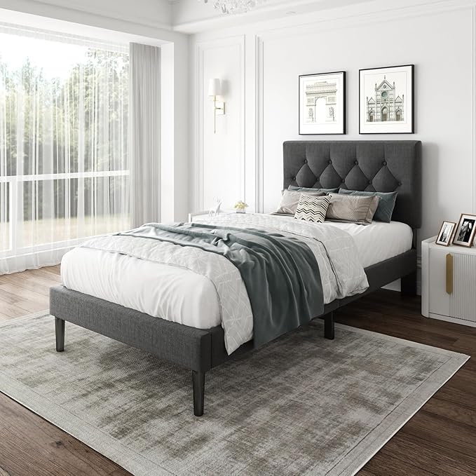 CXVX Twin Size Platform Bed Frame with Upholstered Headboard, Button Tufted Design, Strong Wooden Slats, No Box Spring Needed, Easy Assembly, Noise Free