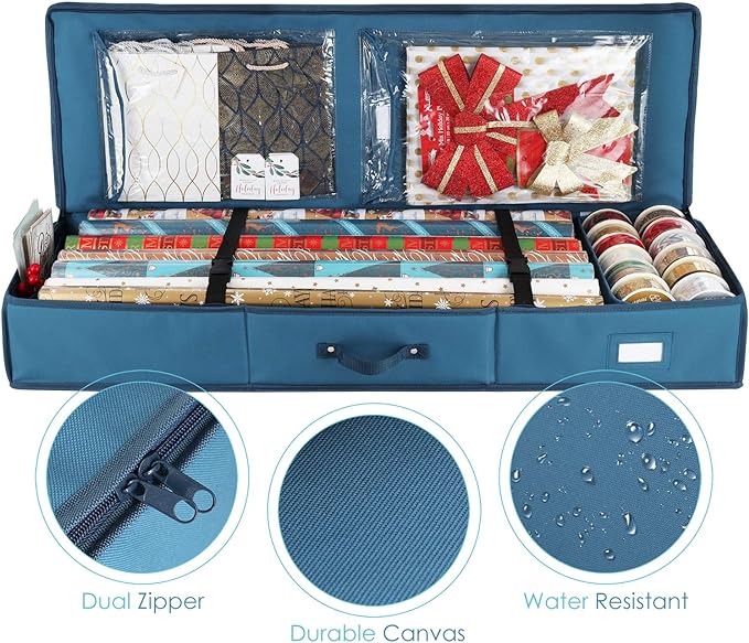 Hearth & Harbor Wrapping Paper Storage Container - Christmas Storage Bag with Interior Pockets - Gift Wrap Organizer Fits Up to 22 Rolls of 40" - Tear Proof, Blue
