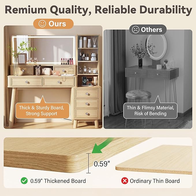 Furmax 48" Makeup Vanity Desk with Large Mirror and Lights,Big Wood Vanity Table with 5 Drawers＆Glass Storage Cabinet with Adjustable Shelves,Dressing Table with Charging Station for Bedroom (Oak)