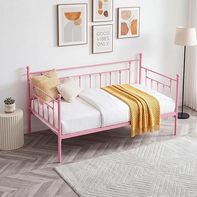 VECELO Daybed Frame, Twin Size Metal Platform Bed with Headboard,Heavy Duty Steel Slats Support for Living Room Bedroom Guest Room, Easy Assembly