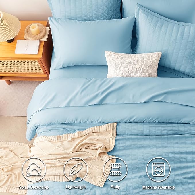 CozyLux Full Size Comforter Sets with Sheets 7 Pieces, Sky Blue Seersucker Bed in a Bag Textured Luxury Soft Bedding Set with Down Alternative Comforter, Sheets, Pillowcases & Shams for All Season