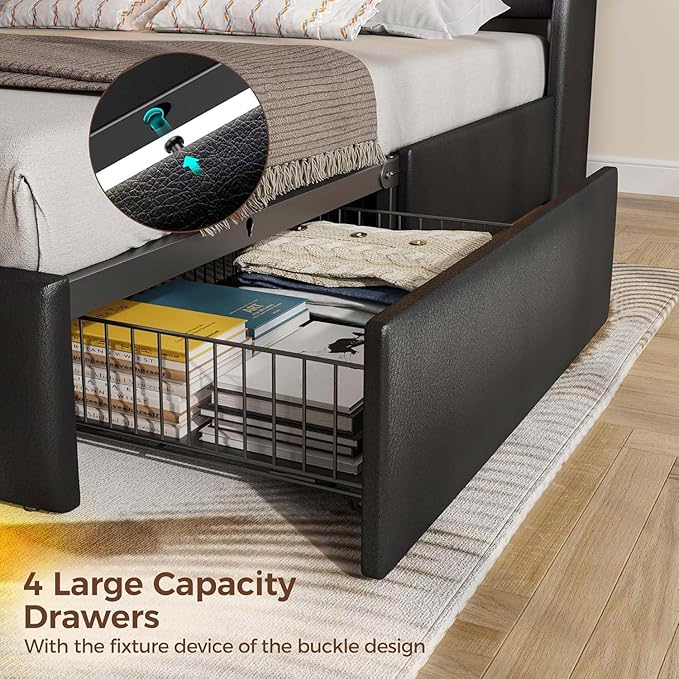 Rolanstar Queen Size Bed Frame with LED Lights and Charging Station, PU Leather Bed Storage Headboard & Drawers, Heavy Duty Wood Slats, Easy Assembly, Black